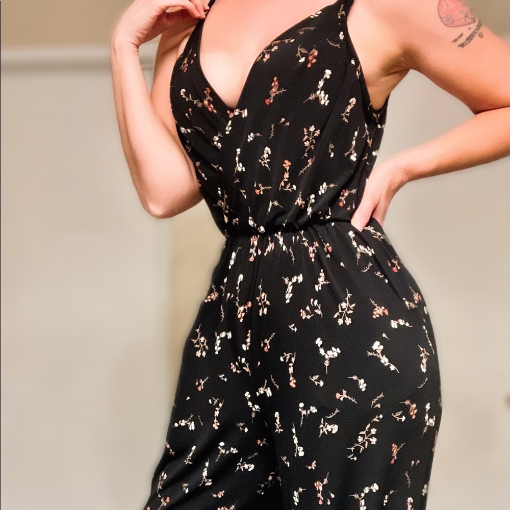 Spaghetti strap plunging neckline black jumpsuit/Romper by Kayleigh Size S